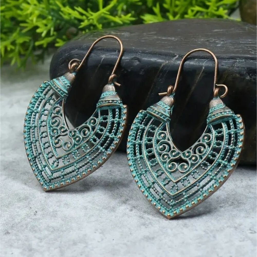 BRONZE turquoise tribal filigree earrings